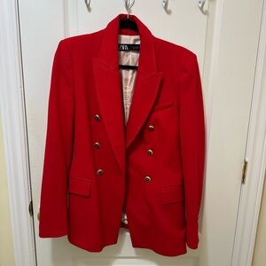 Zara Bright Red Double-Breasted Blazer with Gold Buttons